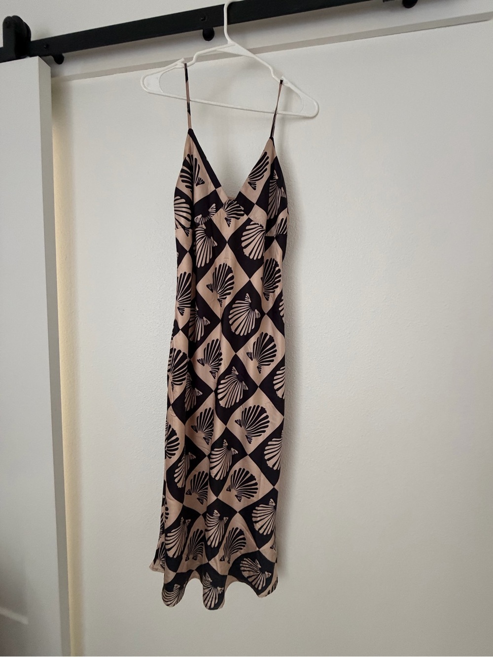 Beige and Black Printed Midi Slip Dress with Spaghetti Straps